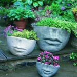 Unique stone planters in the shape of human mouth containing green and purple flowers