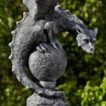 Garden statue of dragon sitting on a globe